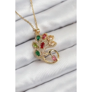 Dodes Dodes 316L Çelik Zirkon Taşlı Tavus Kuşu Model Gold Renk Kadın Kolye TG27BKO10514