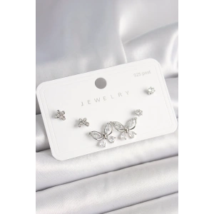 Dodes Dodes 925 Ayar Gümüş Çivi Pirinç Gümüş Renk Zirkon Taşlı Kelebek Model Kadın Küpe Seti TG27BKP10404