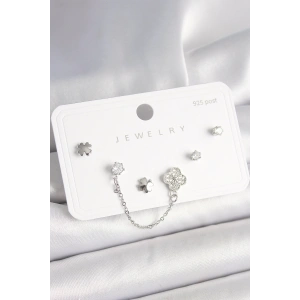 Dodes Dodes 925 Ayar Gümüş Çivi Pirinç Gümüş Renk Zirkon Taşlı Yonca Model Sallantı Zincir Detay Kadın Küpe Seti TG27BKP10400