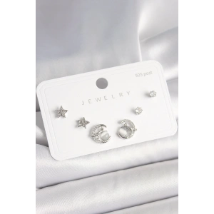 Dodes Dodes 925 Ayar Gümüş Çivi Zirkon Taşlı Hilal Yıldız Model Kadın Küpe Seti TG27BKP10399