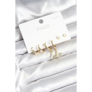 Dodes Dodes Gold Renk Pirinç Kelebek Model 925 Ayar Gümüş Çivili Kadın Küpe Seti TG27BKP11273