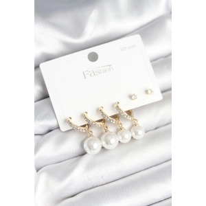 Dodes Dodes Gold Renk Zirkon Taşlı Pirinç İncili 925 Ayar Gümüş Çivili Küpe Seti TG27BKP11267