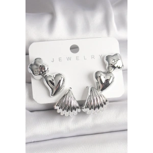 Dodes Dodes Gümüş Renk Yonca Kalp Deniz Kabuğu Figür CCB Kadın Küpe Seti TG27BKP10021