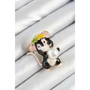 Dodes Dodes İnci Detaylı Siyah Ve Pembe 3D Sevimli Fare Figürlü Gold Renk Kadın Broş TG27BR437
