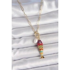 Dodes Dodes İnci Detaylı Zirkon Taşlı Rainbow Balık Figürlü Gold Renk Pirinç Kolye TG27BKO10215
