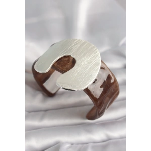 Dodes Dodes Kahverengi Mermer Desen Akrilik Plastik Gümüş Plaka Model Vintage Kadın Bilezik TG27BB6670