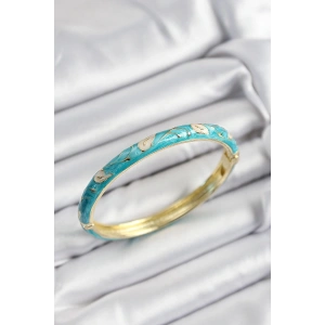 Dodes Dodes Mineli Pirinç Krem Ve Turkuaz Yaprak Motifli Gold Renk Kadın Kelepçe TG27BB7421