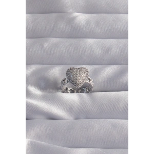 Dodes Dodes Pirinç Ayarlamalı Gümüş Renk Zirkon Taşlı Bombeli Kalp Yüzük TG27BYK3282