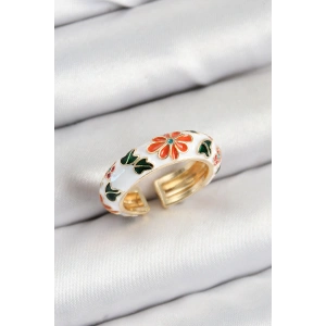 Dodes Dodes Pirinç Beyaz Mineli Çiçek Motifli Gold Renk Ayarlanabilir Kadın Yüzük TG27BYK3806