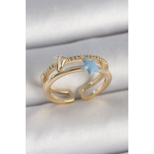 Dodes Dodes Pirinç Gold Renk 2Li Zirkon Taşlı Mavi Yıldız Figür Ayarlanabilir Kadın Yüzük TG27BYK3739