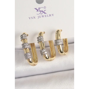 Dodes Dodes Pirinç Gold Renk 3Lü Halka Model Gümüş Zirkon Taş Detaylı Kadın Kombin Küpe TG27BKP10472