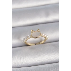 Dodes Dodes Pirinç Gold Renk Ayarlanabilir Beyaz Mineli Kedi Model İnci Detay Kadın Yüzük TG27BYK3386