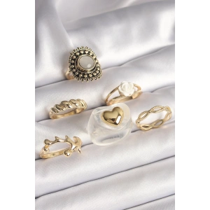 Dodes Dodes Pirinç Gold Renk Beyaz Gül Figür Kalp İşlemeli Sarmal Detay 6Lı Kadın Yüzük Seti TG27BYK3639