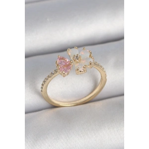 Dodes Dodes Pirinç Gold Renk Beyaz Mineli Pembe Zirkon Taşlı Çiçek Model Kadın Yüzük TG27BYK3709