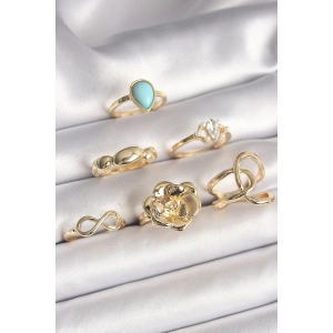 Dodes Dodes Pirinç Gold Renk Çiçek Model Model Sonsuzluk Zirkon Taş Detaylı 6Lı Kadın Yüzük Seti TG27BYK3612