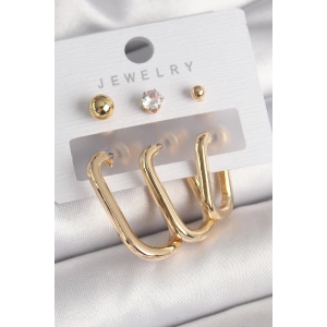 Dodes Dodes Pirinç Gold Renk Halka Model Zirkon Taş Topçuk Detay Kadın Küpe Seti TG27BKP10314