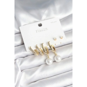 Dodes Dodes Pirinç Gold Renk İnci Detaylı 925 Ayar Gümüş Çivili Kadın Küpe Seti TG27BKP11259