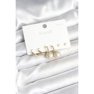 Dodes Dodes Pirinç Gold Renk İnci Detaylı 925 Gümüş Çivili Kadın Küpe Seti TG27BKP11253