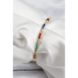 Dodes Dodes Pirinç Gold Renk Karışık Renkli Kare Zirkon Taşlı Kadın Bileklik TG27BB7040