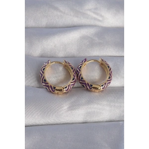 Dodes Dodes Pirinç Gold Renk Mor Etnik Desenli Halka Küpe TG27BKP9076