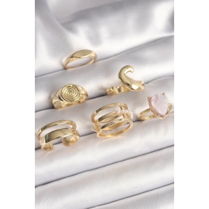 Dodes Dodes Pirinç Gold Renk Pembe Damla Mineli Sarmal İşleme Detaylı 6Lı Kadın Yüzük Seti TG27BYK3628