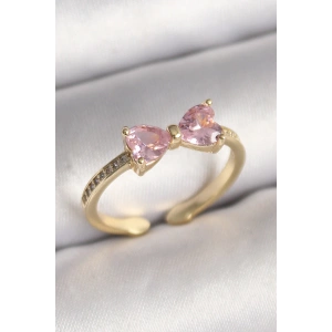 Dodes Dodes Pirinç Gold Renk Pembe Zirkon Taşlı Kalp Fiyonk Model Kadın Yüzük TG27BYK3641