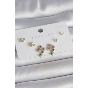 Dodes Dodes Pirinç Gold Renk Renkli Zirkon Taşlı Çiçek Model Yaprak Detay 925 Ayar Gümüş Çivi Kadın Küpe Seti TG27BKP10486