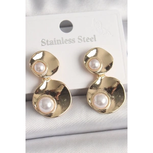 Dodes Dodes Pirinç Gold Renk Sallantı İnci Detaylı Daire Plaka Model Kadın Küpe TG27BKP10077