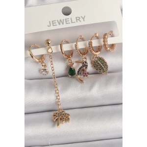 Dodes Dodes Pirinç Gold Renk Sallantı Zirkon Taşlı Ağaç Figür Kadın Küpe Seti TG27BKP10118