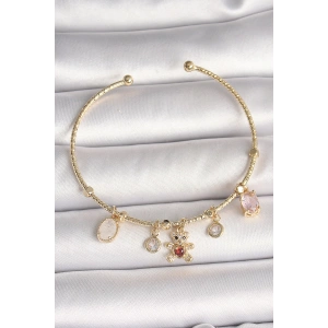 Dodes Dodes Pirinç Gold Renk Sallantı Zirkon Taşlı Ayıcık Figür Kırmızı Kalp Detay Charm Kadın Bileklik TG27BB6896