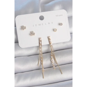 Dodes Dodes Pirinç Gold Renk Su Yolu Zirkon Taşlı Sallantı Model Çiçek Detay 925 Ayar Gümüş Çivi Kadın Küpe Seti TG27BKP10490