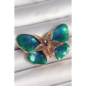 Dodes Dodes Pirinç Gold Renk Turquaz Model Zirkon Taş Detaylı Kelebek Model Kadın Broş TG27BR429