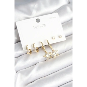 Dodes Dodes Pirinç Gold Renk Yıldız Model 925 Gümüş Çivili Kadın Küpe Seti TG27BKP11256