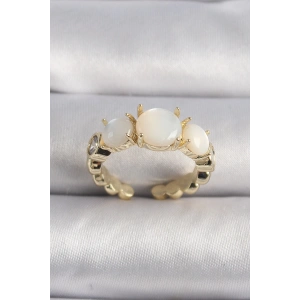 Dodes Dodes Pirinç Gold Renk Zirkon Taş Detaylı Beyaz Sedefli VIP Seri Kadın Yüzük TG27BYK3504