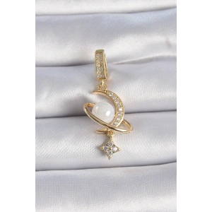 Dodes Dodes Pirinç Gold Renk Zirkon Taş Detaylı Hilal Model Sallantı İncili Ajda Charm TG27BC1012