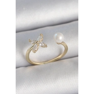 Dodes Dodes Pirinç Gold Renk Zirkon Taşlı Çiçek Model İnci Detay Ayarlanabilir Kadın Yüzük TG27BYK3727