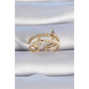 Dodes Dodes Pirinç Gold Renk Zirkon Taşlı İnci Detay Kutup Yıldızı Model Kadın Yüzük TG27BYK3342