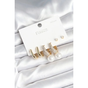 Dodes Dodes Pirinç Gold Renk Zirkon Taşlı İnci Detaylı 925 Ayar Gümüş Çivili Kadın Küpe Seti TG27BKP11252