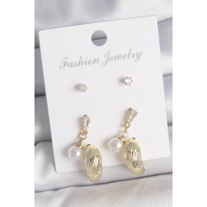 Dodes Dodes Pirinç Gold Renk Zirkon Taşlı İncili Sallantılı İşlemeli Damla Model 3 Çift Kadın Küpe Seti TG27BKP10611