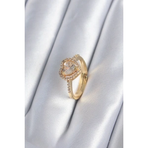 Dodes Dodes Pirinç Gold Renk Zirkon Taşlı Kalp Charm Model Kadın Yüzük TG27BYK2959