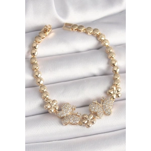 Dodes Dodes Pirinç Gold Renk Zirkon Taşlı Kelebek Figür Çiçek Zincir Model Kadın Bileklik TG27BB6826