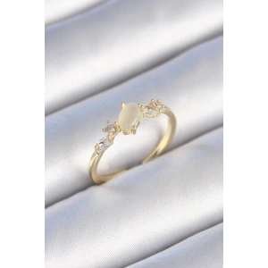 Dodes Dodes Pirinç Gold Renk Zirkon Taşlı Oval Beyaz Mineli Kadın Yüzük TG27BYK3444