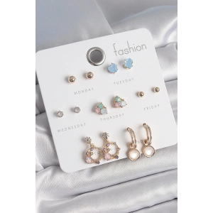 Dodes Dodes Pirinç Gold Renk Zirkon Taşlı Sallantı Halka Figür Kalp Detay 7 Çift Kadın Küpe TG27BKP10533