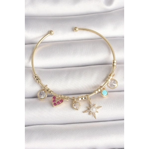 Dodes Dodes Pirinç Gold Renk Zirkon Taşlı Sallantı Kutup Yıldız Figür İnci Detay Charm Kadın Bileklik TG27BB6887