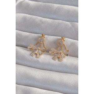 Dodes Dodes Pirinç Gold Renk Zirkon Taşlı Yassı Fiyonk Model Küpe TG27BKP9301