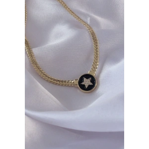Dodes Dodes Pirinç Gold Renk Zirkon Taşlı Yıldız Model Siyah Mineli Ezme Zincirli Serenay Kolyesi TG27BKO8840
