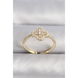 Dodes Dodes Pirinç Gold Renk Zirkon Taşlı Yonca Model İnci Detay Kadın Yüzük TG27BYK3494