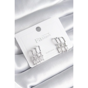 Dodes Dodes Pirinç Gümüş Renk 3lü Sallantı Zirkon Taşlı Küpe TG27BKP8421