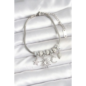Dodes Dodes Pirinç Gümüş Renk Ay ve Güneş Charmlı Kadın Bileklik TG27BB7998