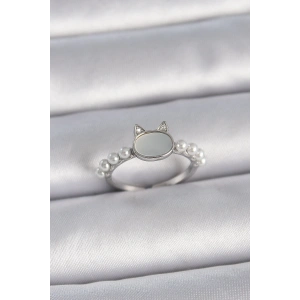 Dodes Dodes Pirinç Gümüş Renk Ayarlanabilir Beyaz Mineli Kedi Model İnci Detay Kadın Yüzük TG27BYK3387